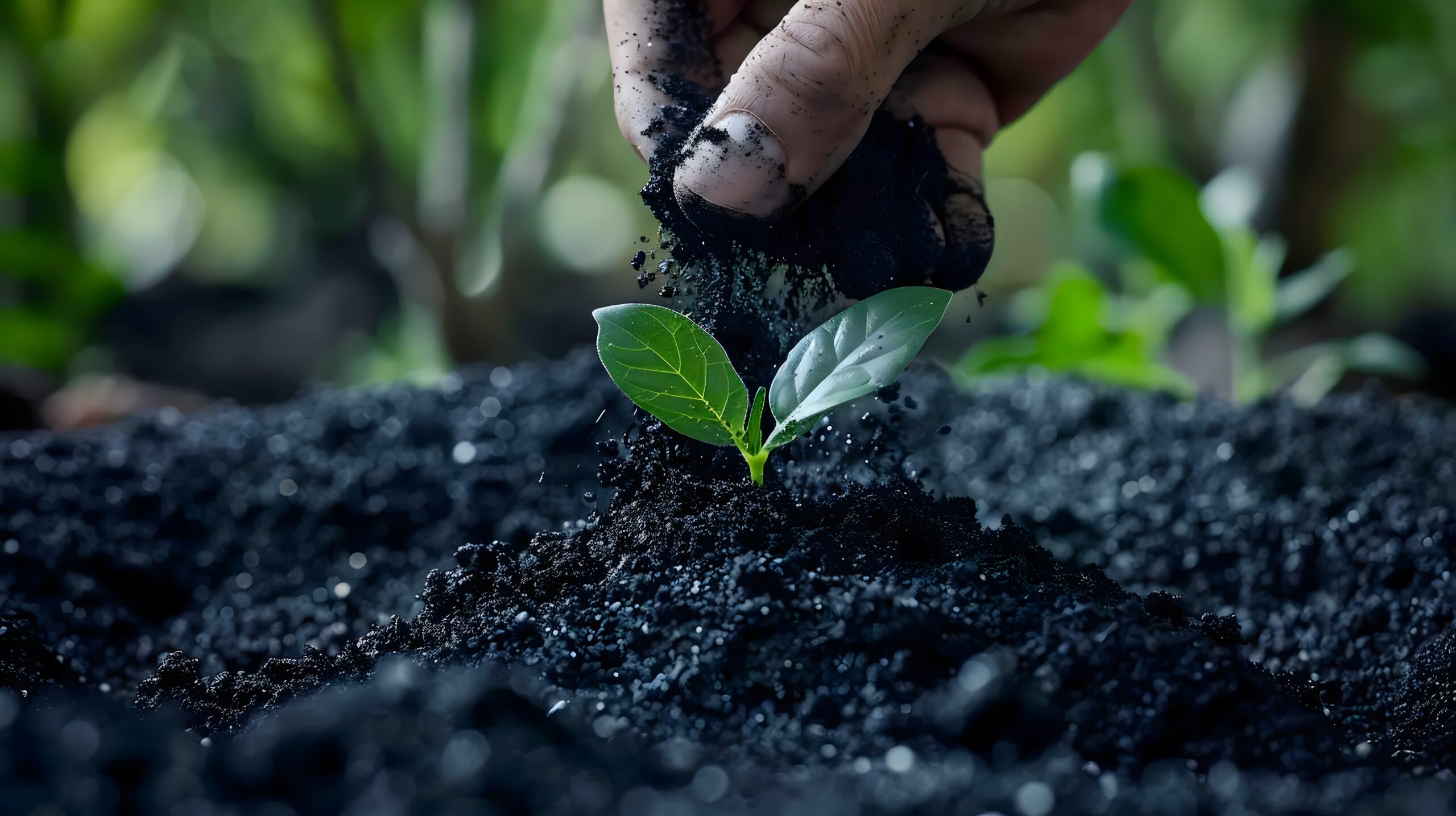 Close-up of gloved hands holding a young plant and soil, showcasing the delicate process of nurturing new life.